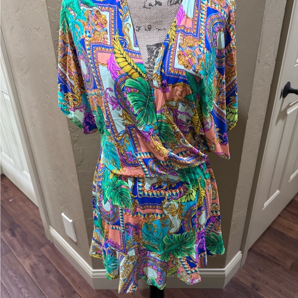 NWT Lulu Fama -Orange and Green Plunge Neck Flutter Sleeve Sundress - Picture 6 of 9